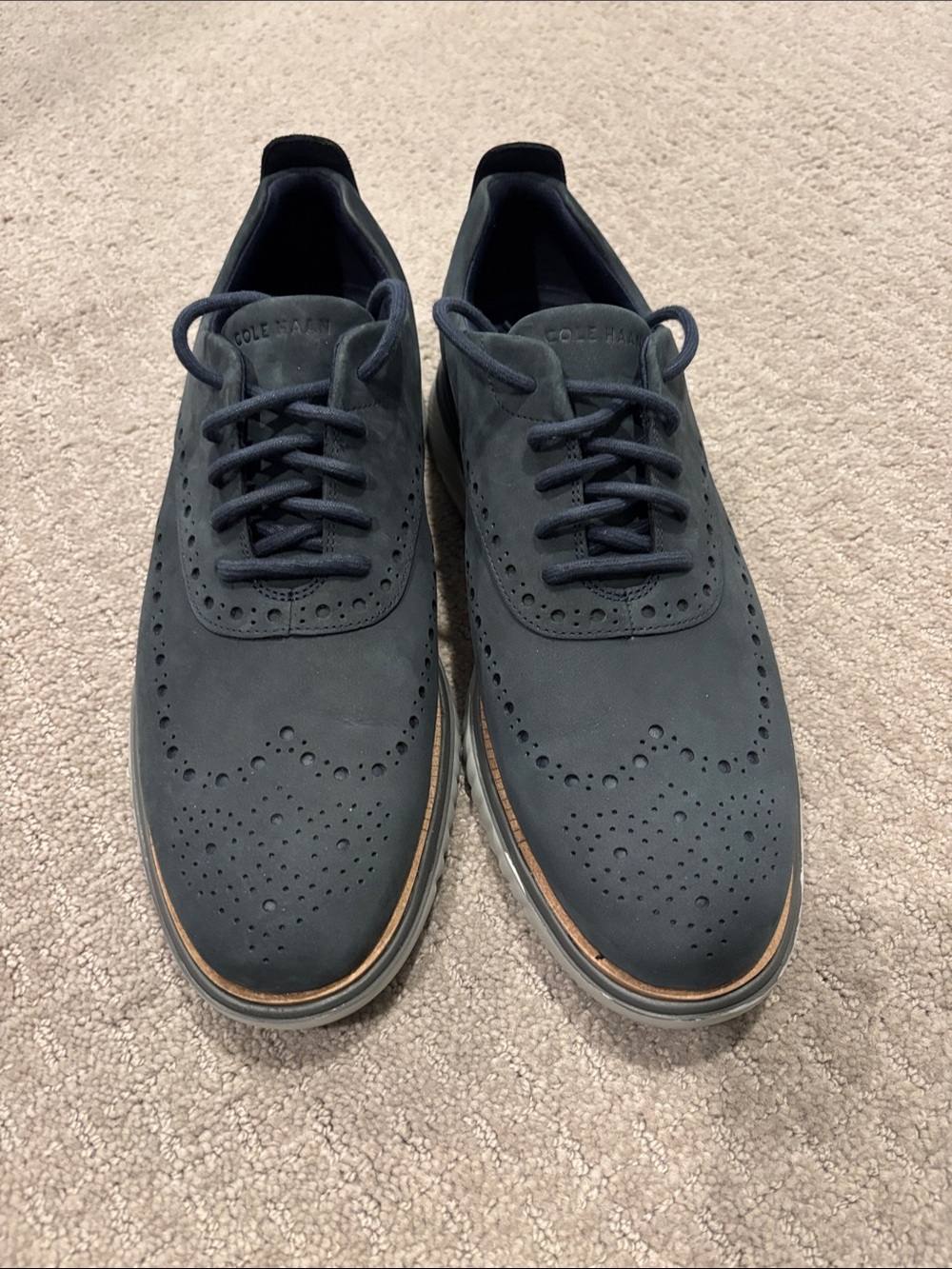 Cole Haan Navy Nubuck Wingtip Derby with Tan Trim